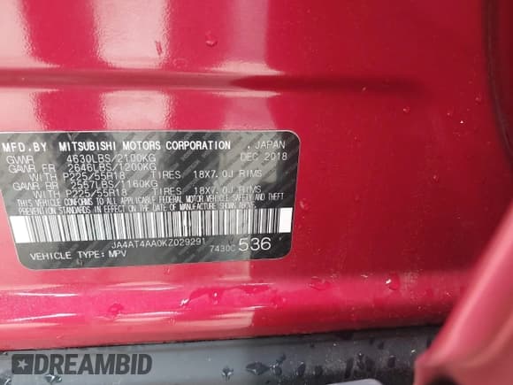 ✅ 2019 Mitsubishi Eclipse Cross LE • VIN: JA4AT4AA0KZ029291 • Lot: 41982104. Wystawiony na IAAI z przebiegiem 135 304 mil. Bezpłatny archiwum sprzedaży aukcyjnych z USA i szczegółowy raport historii pojazdu na DreamBid. Zdjęcie 9.