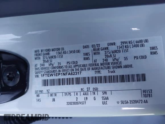 ✅ 2022 Ford F-150 XL • VIN: 1FTEW1EP1NFA62317 • Лот: 41249703. Опубликован ранее на IAAI с пробегом 57 990 миль. Бесплатный доступ к архиву аукционных продаж из США и подробный отчёт об истории автомобиля на DreamBid. Изображение 9.