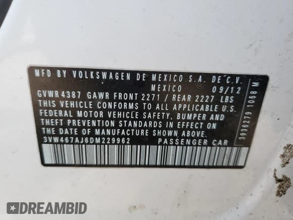 ✅ 2013 Volkswagen Jetta Autobahn • VIN: 3VW467AJ6DM229962 • Lot: 67557075. Listed on Copart with 166,044 mi. Free auction sales archive from the USA and detailed vehicle history report at DreamBid. Image 13.