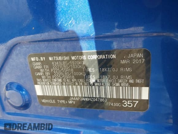 ✅ 2017 Mitsubishi Outlander SE • VIN: JA4AP3AW6HZ047863 • Lot: 43277002. Listed on IAAI with 143,509 mi. Free auction sales archive from the USA and detailed vehicle history report at DreamBid. Image 9.