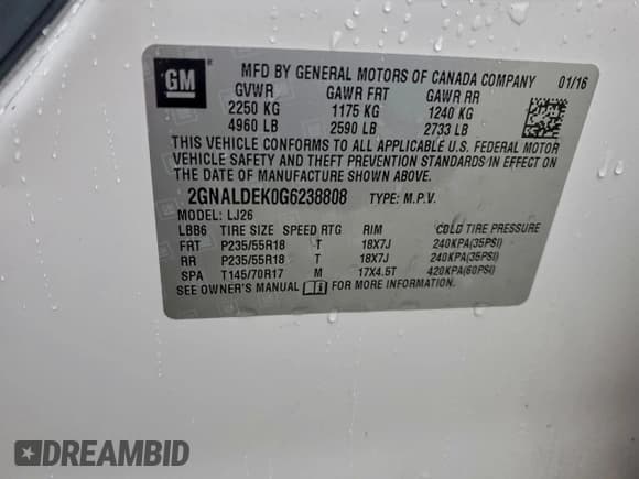 ✅ 2016 Chevrolet Equinox LTZ • VIN: 2GNALDEK0G6238808 • Лот: 94424875. Опубликован ранее на Copart с пробегом 73 302 миль. Бесплатный доступ к архиву аукционных продаж из США и подробный отчёт об истории автомобиля на DreamBid. Изображение 14.