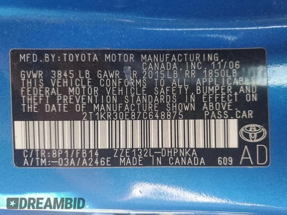 ✅ 2007 Toyota Matrix XR • VIN: 2T1KR30E87C648875 • Lot: 83965115. Listed on Copart with 185,507 mi. Free auction sales archive from the USA and detailed vehicle history report at DreamBid. Image 13.