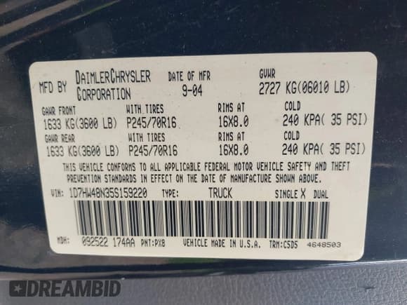 ✅ 2005 Dodge Dakota SLT • VIN: 1D7HW48N35S159220 • Lot: 42773291. Listed on IAAI with 324,365 mi. Free auction sales archive from the USA and detailed vehicle history report at DreamBid. Image 9.