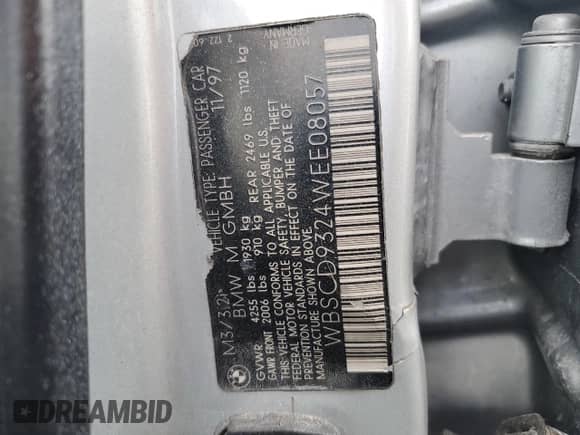 1998 BMW 3 Series M3s with VIN WBSCD9324WEE08057, listed as a Copart auction lot 47378655 with Not provided miles and Clean title. Bid and sale history available at DreamBid. Image 13.