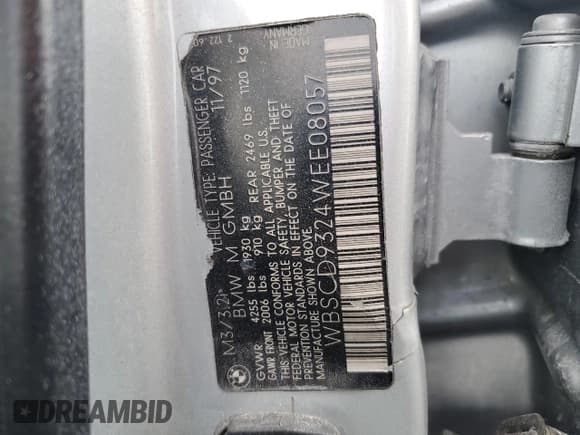 ✅ 1998 BMW 3 Series M3s • VIN: WBSCD9324WEE08057 • Lot: 47378655. Listed on Copart with Not provided. Free auction sales archive from the USA and detailed vehicle history report at DreamBid. Image 13.