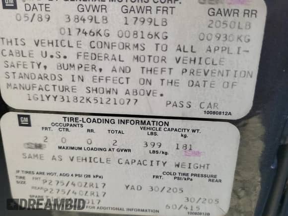 1989 Chevrolet Corvette with VIN 1G1YY3182K5121077, listed as a Copart auction lot 84785295 with Not provided miles and Non repairable. Bid and sale history available at DreamBid. Image 12.