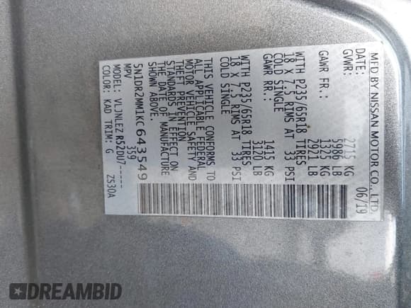 ✅ 2019 Nissan Pathfinder SV • VIN: 5N1DR2MM1KC643549 • Lot: 41223662. Listed on IAAI with 89,113 mi. Free auction sales archive from the USA and detailed vehicle history report at DreamBid. Image 9.