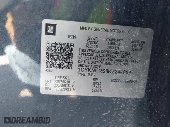 ✅ 2019 Cadillac XT5 Luxury FWD • VIN: 1GYKNCRS8KZ244889 • Lot: 43654340. Listed on IAAI with 94,684 mi. Free auction sales archive from the USA and detailed vehicle history report at DreamBid. Image 9.