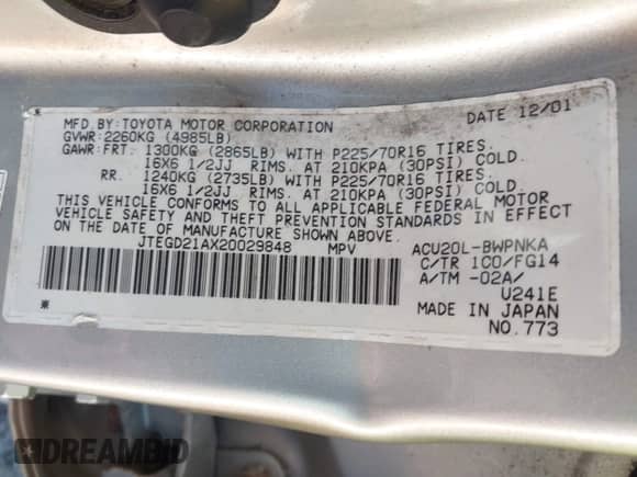 2002 Toyota Highlander с VIN JTEGD21AX20029848, выставлен на аукционе IAAI как лот 42640727 с пробегом 249 406 миль миль и . История ставок и продаж доступна на DreamBid. Изображение 9.