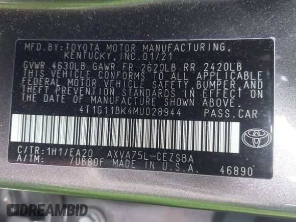 2021 Toyota Camry SE with VIN 4T1G11BK4MU028944, listed as a IAAI auction lot 43275174 with 82,954 mi miles and . Bid and sale history available at DreamBid. Image 9.