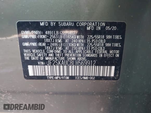 ✅ 2020 Subaru Forester Limited • VIN: JF2SKAUC8LH569912 • Lot: 43696895. Listed on IAAI with 40,981 mi. Free auction sales archive from the USA and detailed vehicle history report at DreamBid. Image 9.