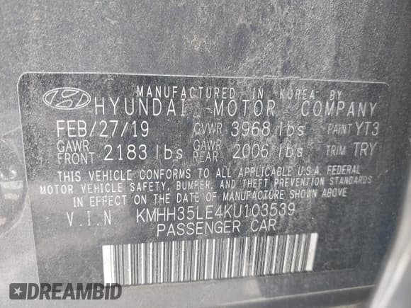 ✅ 2019 Hyundai Elantra • VIN: KMHH35LE4KU103539 • Lot: 42595958. Listed on IAAI with 109,511 mi. Free auction sales archive from the USA and detailed vehicle history report at DreamBid. Image 9.