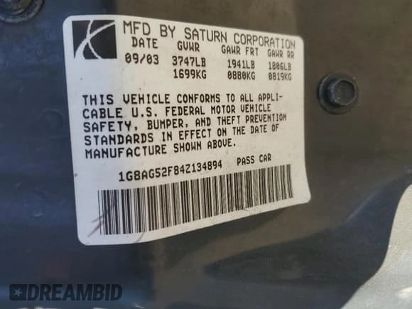 ✅ 2004 Saturn ION ION 1 • VIN: 1G8AG52F84Z134894 • Lot: 92505315. Listed on Copart with 122,690 mi. Free auction sales archive from the USA and detailed vehicle history report at DreamBid. Image 12.