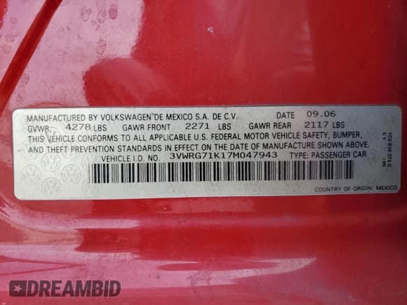 ✅ 2007 Volkswagen Jetta 2.5 • VIN: 3VWRG71K17M047943 • Lot: 71654574. Listed on Copart with 197,571 mi. Free auction sales archive from the USA and detailed vehicle history report at DreamBid. Image 15.