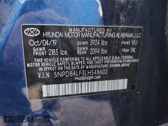 2020 Hyundai Elantra SEL with VIN 5NPD84LF3LH548602, listed as a Copart auction lot 86645865 with 34,662 mi miles and Salvage title. Bid and sale history available at DreamBid. Image 12.