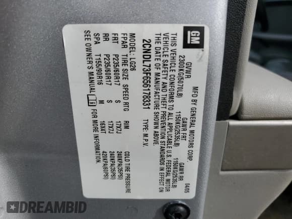 ✅ 2005 Chevrolet Equinox LT • VIN: 2CNDL73F656178331 • Лот: 54723285. Опубликован ранее на Copart с пробегом Не указан. Бесплатный доступ к архиву аукционных продаж из США и подробный отчёт об истории автомобиля на DreamBid. Изображение 13.