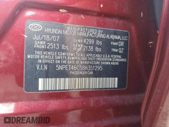 ✅ 2008 Hyundai Sonata GLS • VIN: 5NPET46C58H351295 • Лот: 74298074. Опубликован ранее на Copart с пробегом Не указан. Бесплатный доступ к архиву аукционных продаж из США и подробный отчёт об истории автомобиля на DreamBid. Изображение 13.