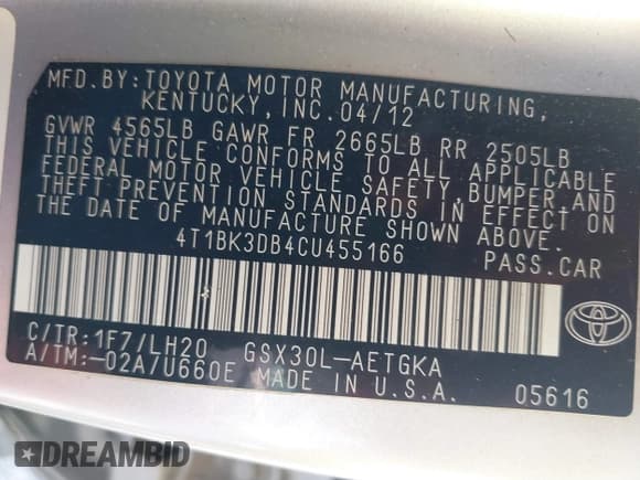 ✅ 2012 Toyota Avalon • VIN: 4T1BK3DB4CU455166 • Lot: 41867122. Listed on IAAI with 312,740 mi. Free auction sales archive from the USA and detailed vehicle history report at DreamBid. Image 9.