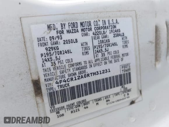 ✅ 1994 Mazda B-Series • VIN: 4F4CR12A0RTM31231 • Lot: 43122521. Listed on IAAI with 97,363 mi. Free auction sales archive from the USA and detailed vehicle history report at DreamBid. Image 9.