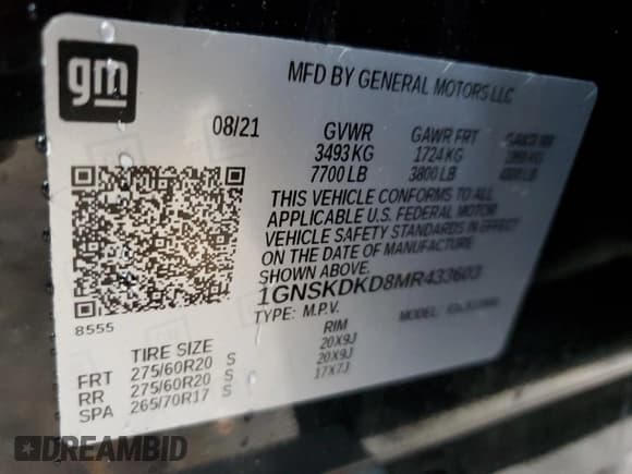 ✅ 2021 Chevrolet Suburban Z71 • VIN: 1GNSKDKD8MR433603 • Lot: 84272555. Listed on Copart with 30,866 mi. Free auction sales archive from the USA and detailed vehicle history report at DreamBid. Image 14.