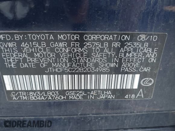 ✅ 2011 Lexus IS 250 • VIN: JTHCF5C22B2034985 • Lot: 42651417. Listed on IAAI with 180,791 mi. Free auction sales archive from the USA and detailed vehicle history report at DreamBid. Image 9.