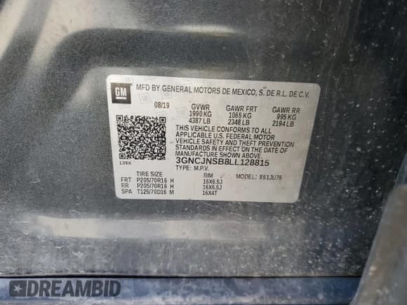 ✅ 2020 Chevrolet Trax LS • VIN: 3GNCJNSB8LL128815 • Lot: 85878105. Listed on Copart with 75,350 mi. Free auction sales archive from the USA and detailed vehicle history report at DreamBid. Image 13.