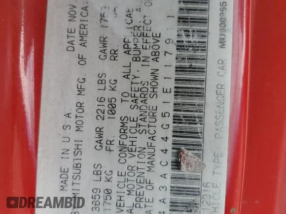 ✅ 2001 Mitsubishi Eclipse GS • VIN: 4A3AC44G51E117911 • Lot: 83950785. Listed on Copart with 184,343 mi. Free auction sales archive from the USA and detailed vehicle history report at DreamBid. Image 12.