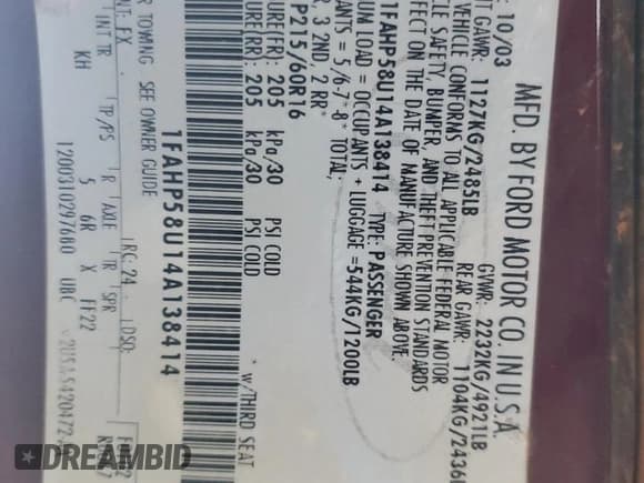 ✅ 2004 Ford Taurus SE • VIN: 1FAHP58U14A138414 • Lot: 86698364. Listed on Copart with 124,028 mi. Free auction sales archive from the USA and detailed vehicle history report at DreamBid. Image 12.