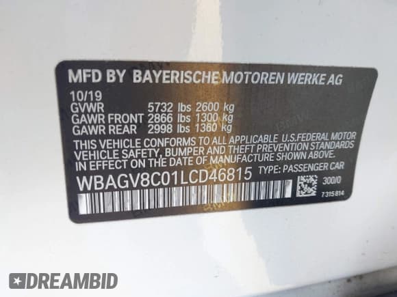 ✅ 2020 BMW 8 Series M850i • VIN: WBAGV8C01LCD46815 • Lot: 42297355. Listed on IAAI with 45,260 mi. Free auction sales archive from the USA and detailed vehicle history report at DreamBid. Image 9.