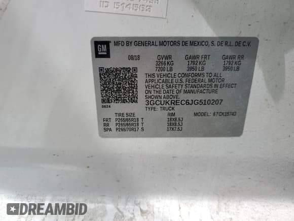 ✅ 2018 Chevrolet Silverado 1500 LT • VIN: 3GCUKREC6JG510207 • Лот: 67129864. Опубликован ранее на Copart с пробегом 107 876 миль. Бесплатный доступ к архиву аукционных продаж из США и подробный отчёт об истории автомобиля на DreamBid. Изображение 12.