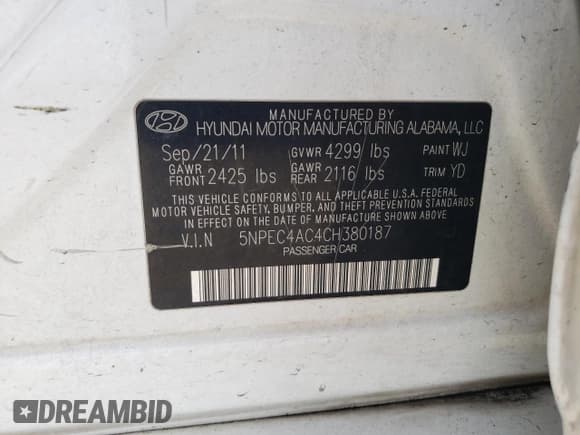 ✅ 2012 Hyundai Sonata Limited • VIN: 5NPEC4AC4CH380187 • Lot: 64222344. Listed on Copart with 216,193 mi. Free auction sales archive from the USA and detailed vehicle history report at DreamBid. Image 14.