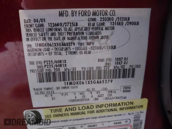 ✅ 2005 Ford Freestyle Limited • VIN: 1FMDK061X5GA65279 • Лот: 43820073. Опубликован ранее на IAAI с пробегом Не указан. Бесплатный доступ к архиву аукционных продаж из США и подробный отчёт об истории автомобиля на DreamBid. Изображение 9.