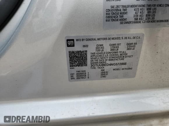 ✅ 2022 GMC Sierra 1500 SLE • VIN: 3GTUUBED4NG572866 • Лот: 81467225. Опубликован ранее на Copart с пробегом 63 347 миль. Бесплатный доступ к архиву аукционных продаж из США и подробный отчёт об истории автомобиля на DreamBid. Изображение 12.