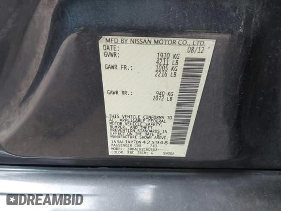 ✅ 2013 Nissan Altima SV • VIN: 1N4AL3AP7DN425948 • Lot: 43678772. Listed on IAAI with 177,578 mi. Free auction sales archive from the USA and detailed vehicle history report at DreamBid. Image 9.