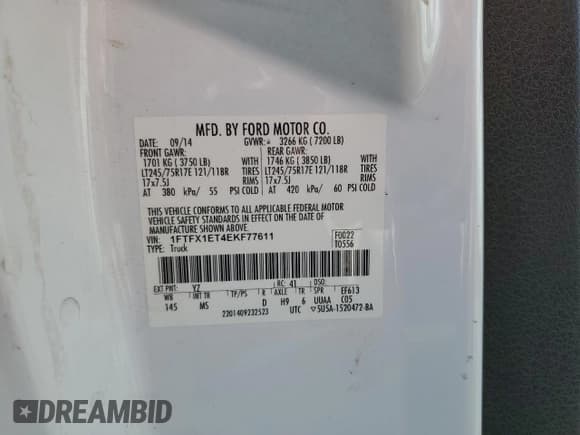 ✅ 2014 Ford F-150 XL • VIN: 1FTFX1ET4EKF77611 • Lot: 82634155. Listed on Copart with 227,383 mi. Free auction sales archive from the USA and detailed vehicle history report at DreamBid. Image 12.