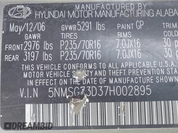 ✅ 2007 Hyundai Santa Fe GLS • VIN: 5NMSG73D37H002895 • Lot: 42977578. Listed on IAAI with 214,757 mi. Free auction sales archive from the USA and detailed vehicle history report at DreamBid. Image 9.