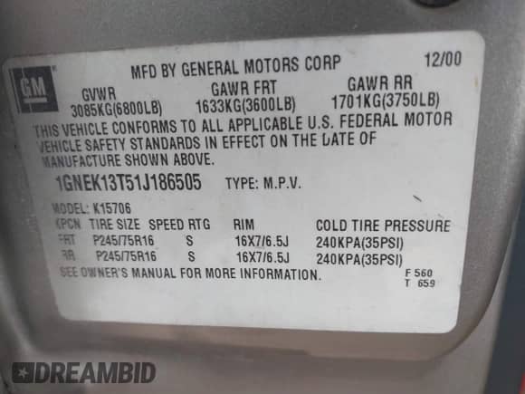 2001 Chevrolet Tahoe LT z VIN 1GNEK13T51J186505, wystawiony jako IAAI lot #42648332 z przebiegiem 282 884 mil mil oraz . Historia ofert i sprzedaży dostępna na DreamBid. Obrazek 9.