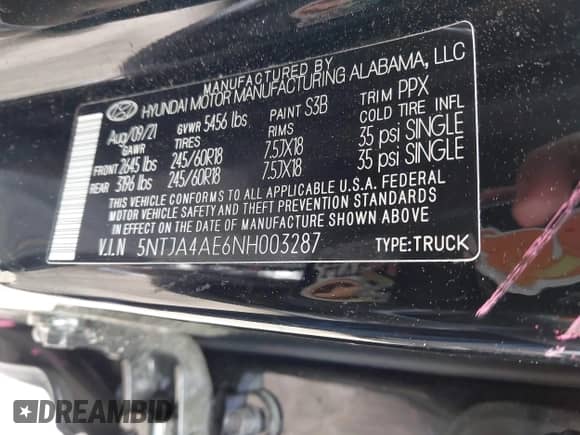 2022 Hyundai Santa Cruz SE with VIN 5NTJA4AE6NH003287, listed as a IAAI auction lot 41957238 with 39,113 mi miles and . Bid and sale history available at DreamBid. Image 9.