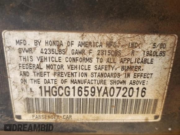 ✅ 2000 Honda Accord EX • VIN: 1HGCG1659YA072016 • Lot: 72097154. Listed on Copart with Not provided. Free auction sales archive from the USA and detailed vehicle history report at DreamBid. Image 12.