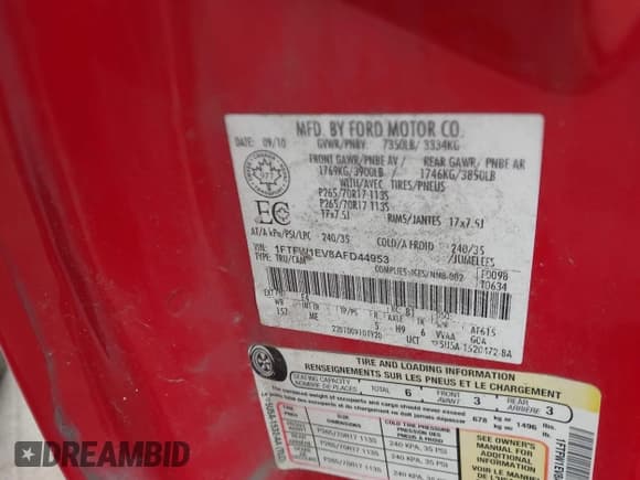 ✅ 2010 Ford F-150 XL • VIN: 1FTFW1EV8AFD44953 • Lot: 42868503. Listed on IAAI with 282,506 mi. Free auction sales archive from the USA and detailed vehicle history report at DreamBid. Image 9.