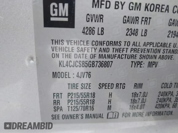 ✅ 2016 Buick Encore Leather • VIN: KL4CJCSB5GB736807 • Lot: 43553080. Listed on IAAI with 98,908 mi. Free auction sales archive from the USA and detailed vehicle history report at DreamBid. Image 9.