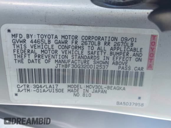 ✅ 2002 Lexus ES 300 • VIN: JTHBF30G320012537 • Лот: 43295025. Опубликован ранее на IAAI с пробегом 152 819 миль. Бесплатный доступ к архиву аукционных продаж из США и подробный отчёт об истории автомобиля на DreamBid. Изображение 9.