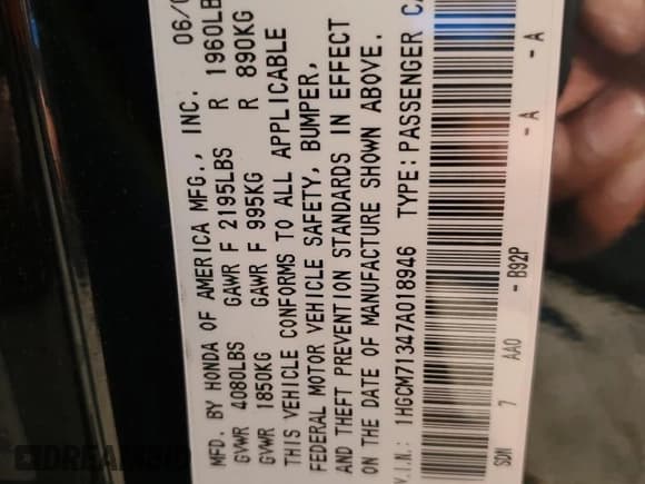 ✅ 2007 Honda Accord LX • VIN: 1HGCM71347A018946 • Лот: 89578295. Опубликован ранее на Copart с пробегом 177 340 миль. Бесплатный доступ к архиву аукционных продаж из США и подробный отчёт об истории автомобиля на DreamBid. Изображение 13.