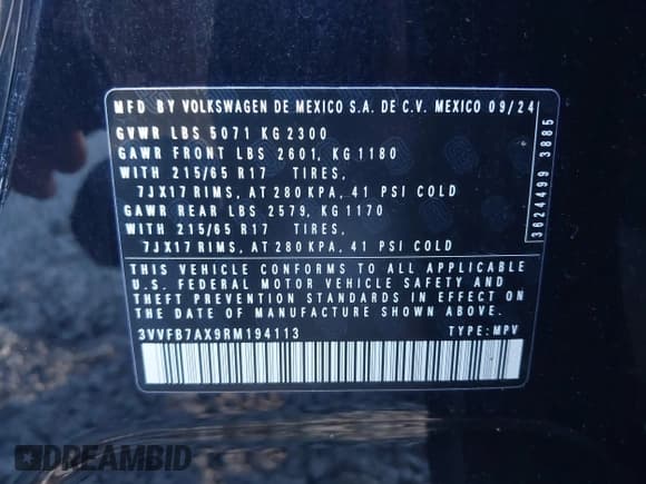 ✅ 2024 Volkswagen Tiguan S • VIN: 3VVFB7AX9RM194113 • Lot: 43452824. Listed on IAAI with Not provided. Free auction sales archive from the USA and detailed vehicle history report at DreamBid. Image 9.