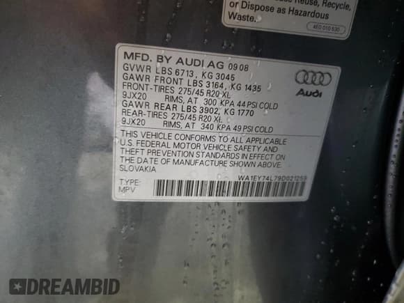 ✅ 2009 Audi Q7 Premium Plus • VIN: WA1EY74L79D021259 • Lot: 85216104. Listed on Copart with 126,506 mi. Free auction sales archive from the USA and detailed vehicle history report at DreamBid. Image 13.