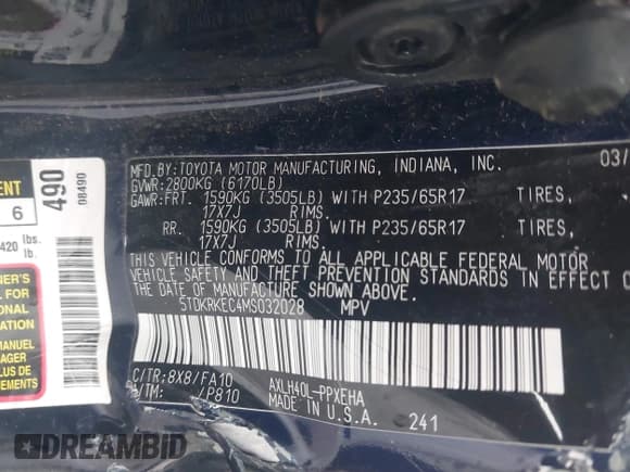 ✅ 2021 Toyota Sienna LE • VIN: 5TDKRKEC4MS032028 • Lot: 43622336. Listed on IAAI with Not provided. Free auction sales archive from the USA and detailed vehicle history report at DreamBid. Image 9.