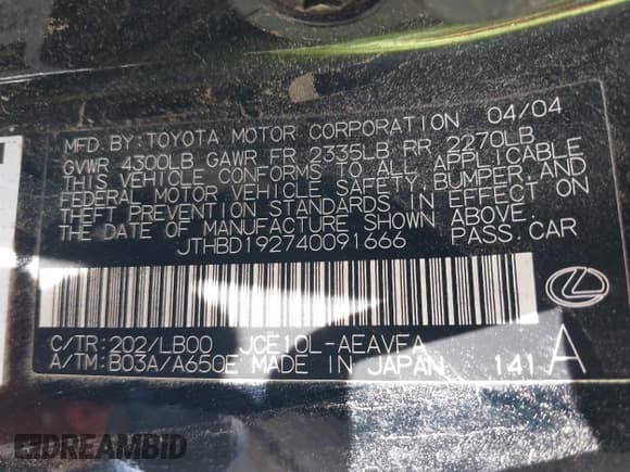 ✅ 2004 Lexus IS 300/350 • VIN: JTHBD192740091666 • Лот: 42356494. Опубликован ранее на IAAI с пробегом 155 212 миль. Бесплатный доступ к архиву аукционных продаж из США и подробный отчёт об истории автомобиля на DreamBid. Изображение 9.