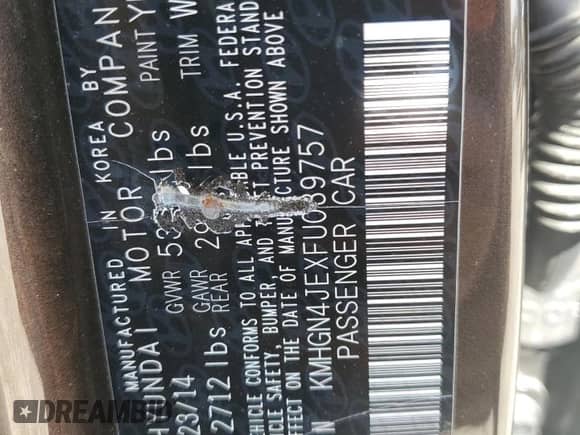 2015 Hyundai Genesis 3.8L z VIN KMHGN4JEXFU039757, wystawiony jako Copart lot #69880664 z przebiegiem 82 495 mil mil oraz Szkoda całkowita • Salvage title. Historia ofert i sprzedaży dostępna na DreamBid. Obrazek 12.