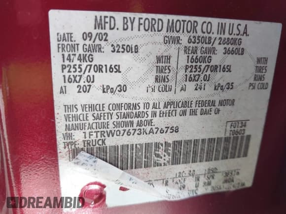 ✅ 2003 Ford F-150 XLT • VIN: 1FTRW07673KA76758 • Lot: 43073958. Wystawiony na IAAI z przebiegiem 191 655 mil. Bezpłatny archiwum sprzedaży aukcyjnych z USA i szczegółowy raport historii pojazdu na DreamBid. Zdjęcie 9.