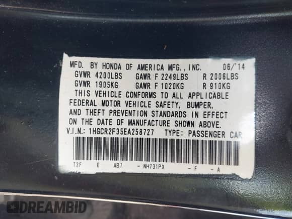 2014 Honda Accord LX with VIN 1HGCR2F35EA258727, listed as a IAAI auction lot 43057616 with 245,791 mi miles and . Bid and sale history available at DreamBid. Image 9.
